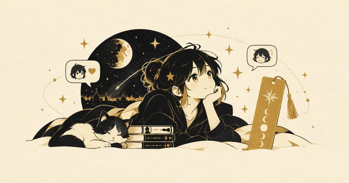 An original anime character relaxes beside a sleeping cat, books, a gold bookmark, and reaction bubbles under a starry sky.