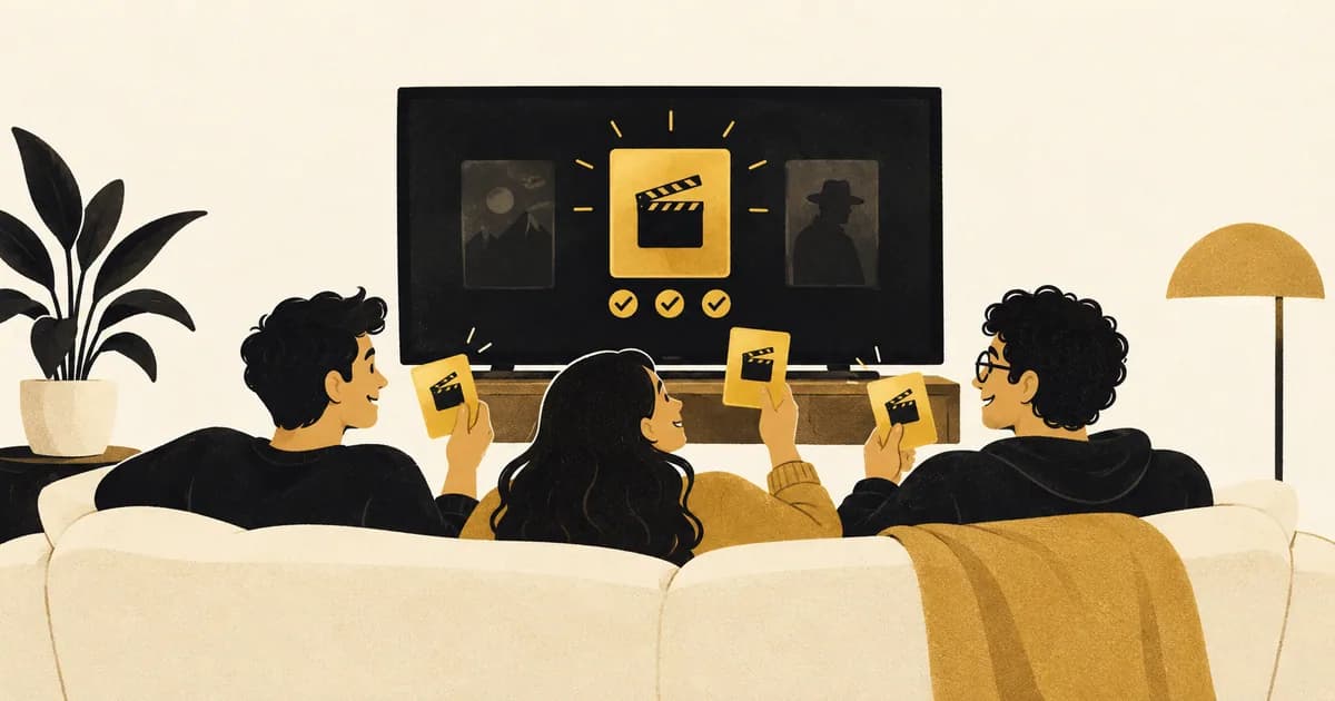 Three friends on a couch choose a movie with matching cards and gold check marks.