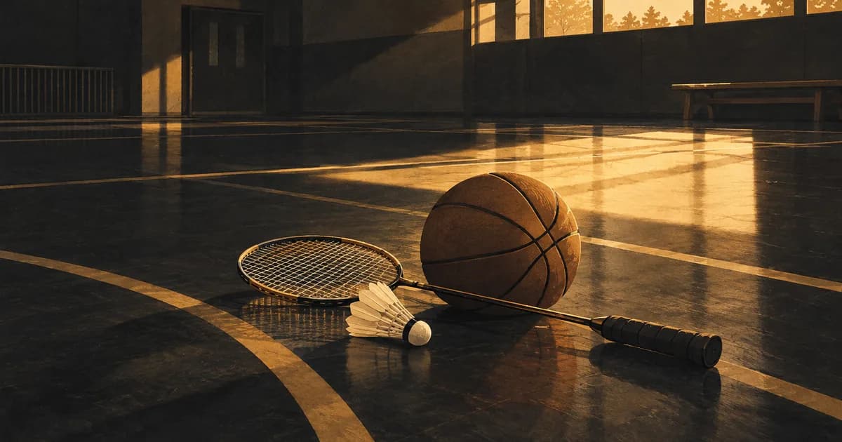 A badminton racket, shuttlecock and basketball on a quiet gym floor in warm afternoon light.