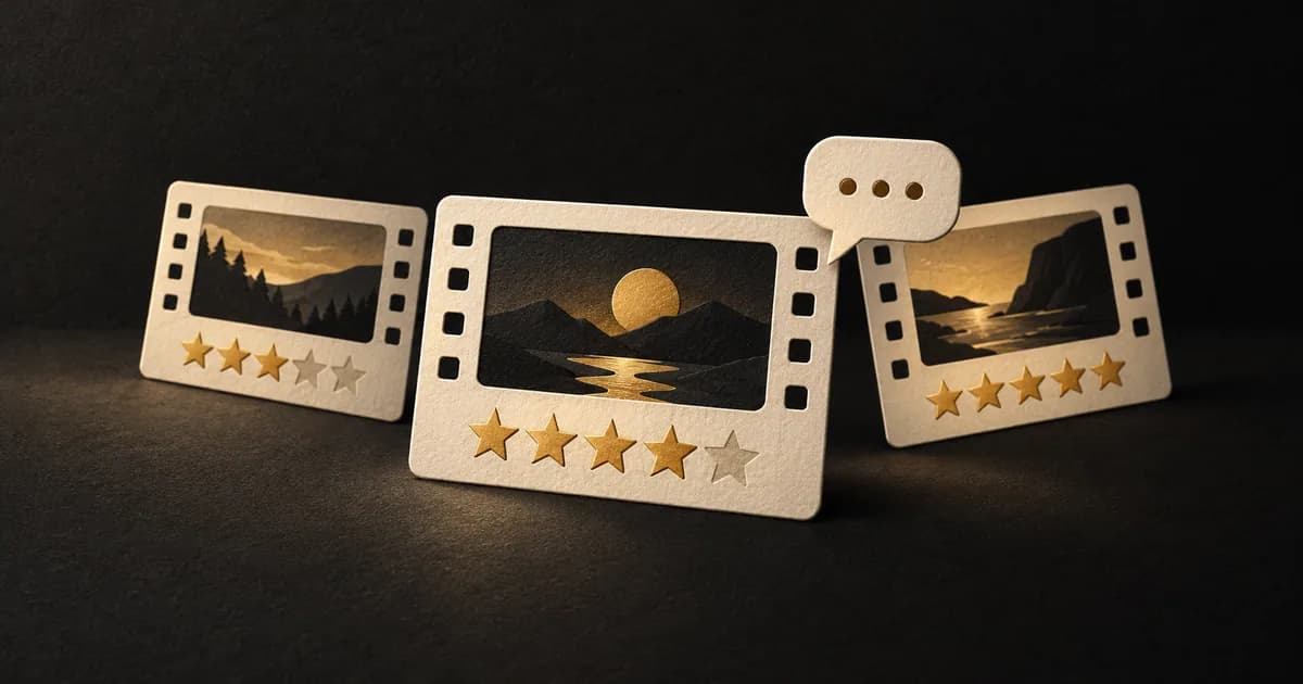 Cream episode cards with gold star ratings and a conversation bubble on a dark background.