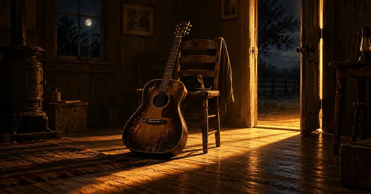 A blues guitar beside a wooden chair in a dark room lit by a golden doorway.