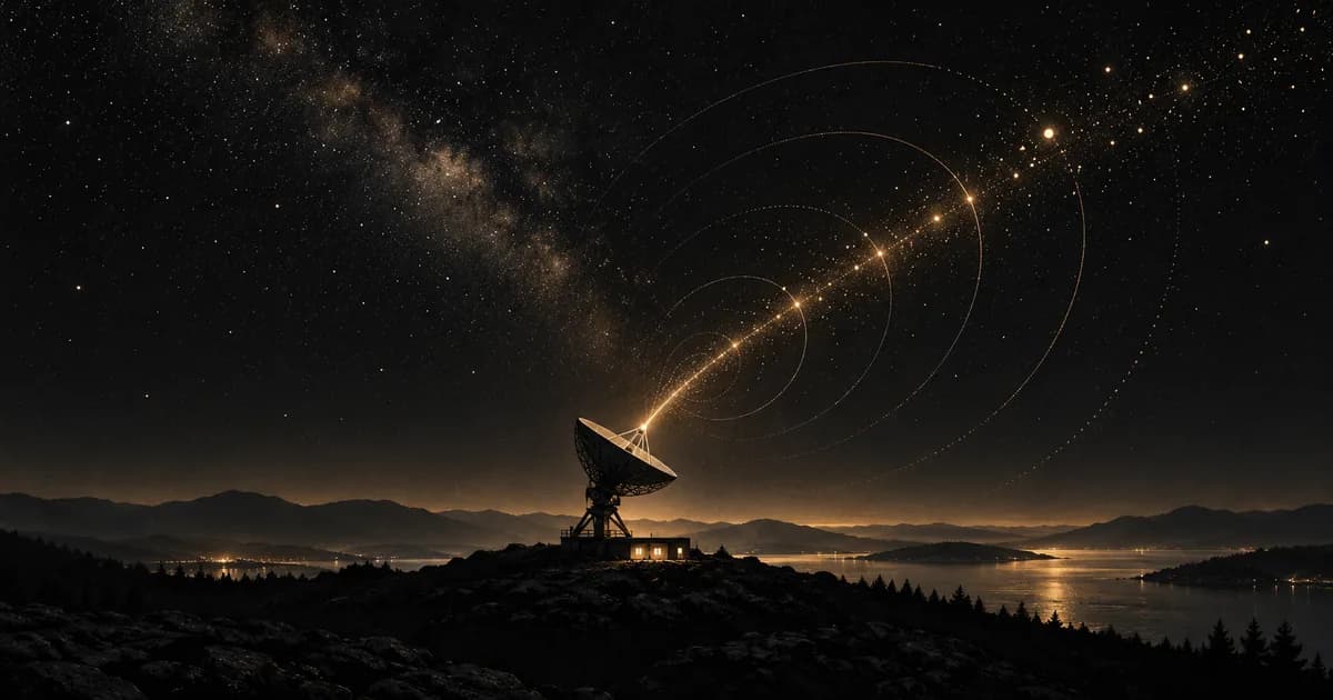 A radio telescope sends a golden signal across a dark, star-filled sky.