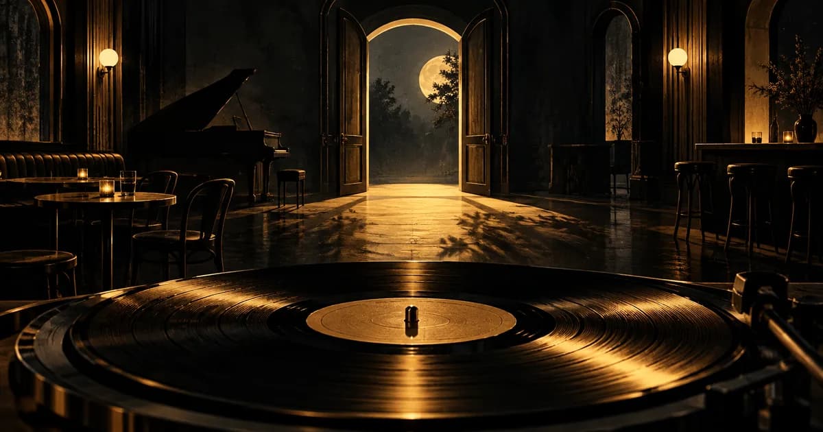 A vinyl record in a dark music lounge facing a moonlit golden doorway.