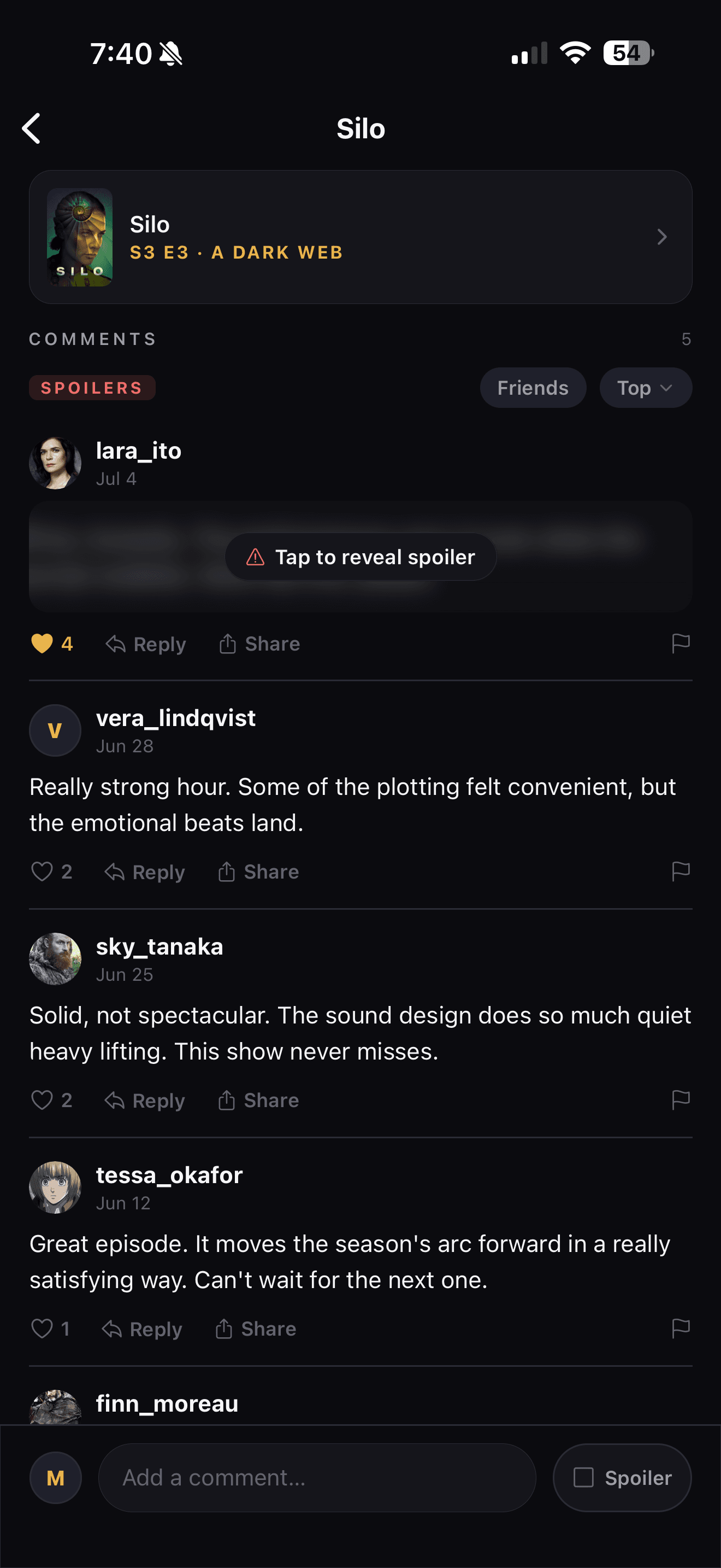 LazyWatch per-episode comment section for Silo, with public comments, upvotes, and Hot/New/Top sorting