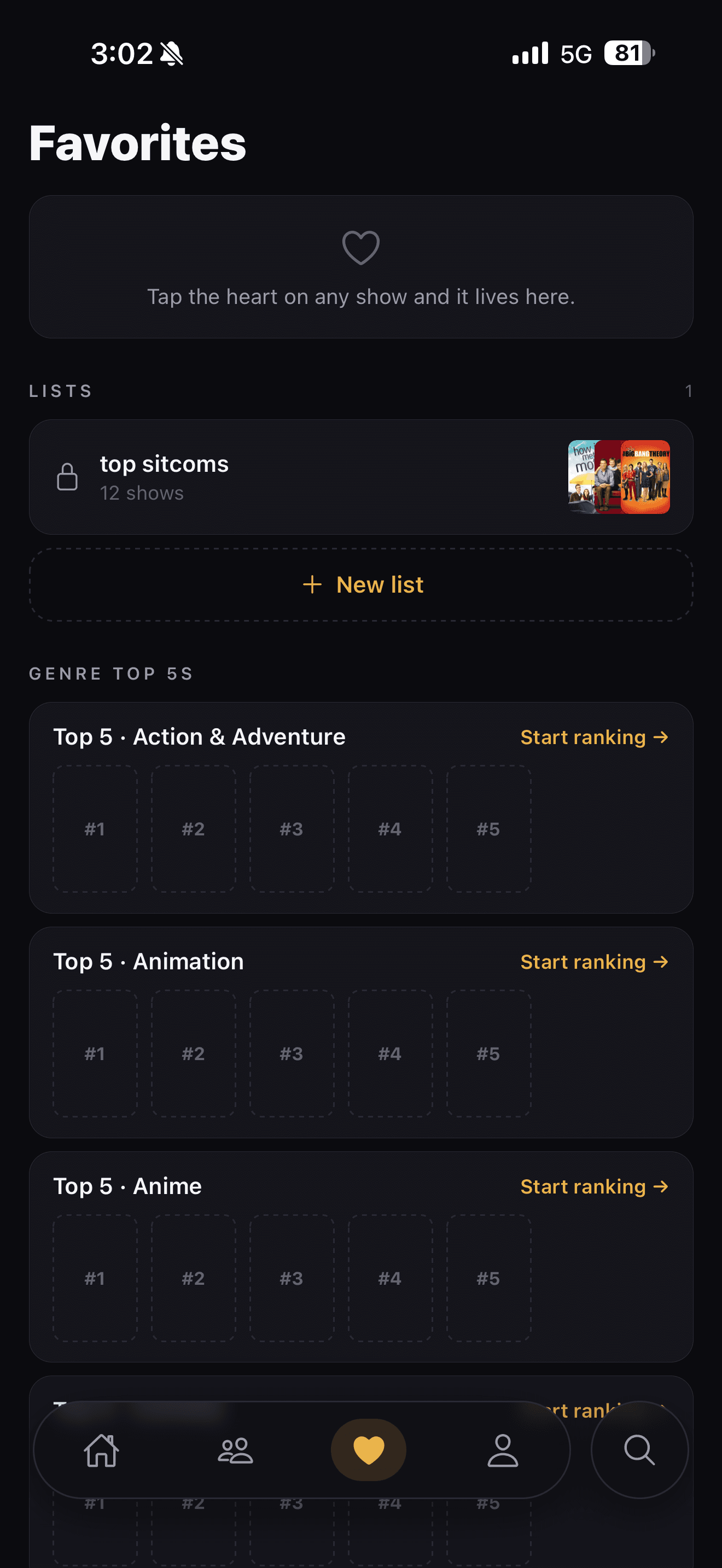 Favorites and genre top-five lists
