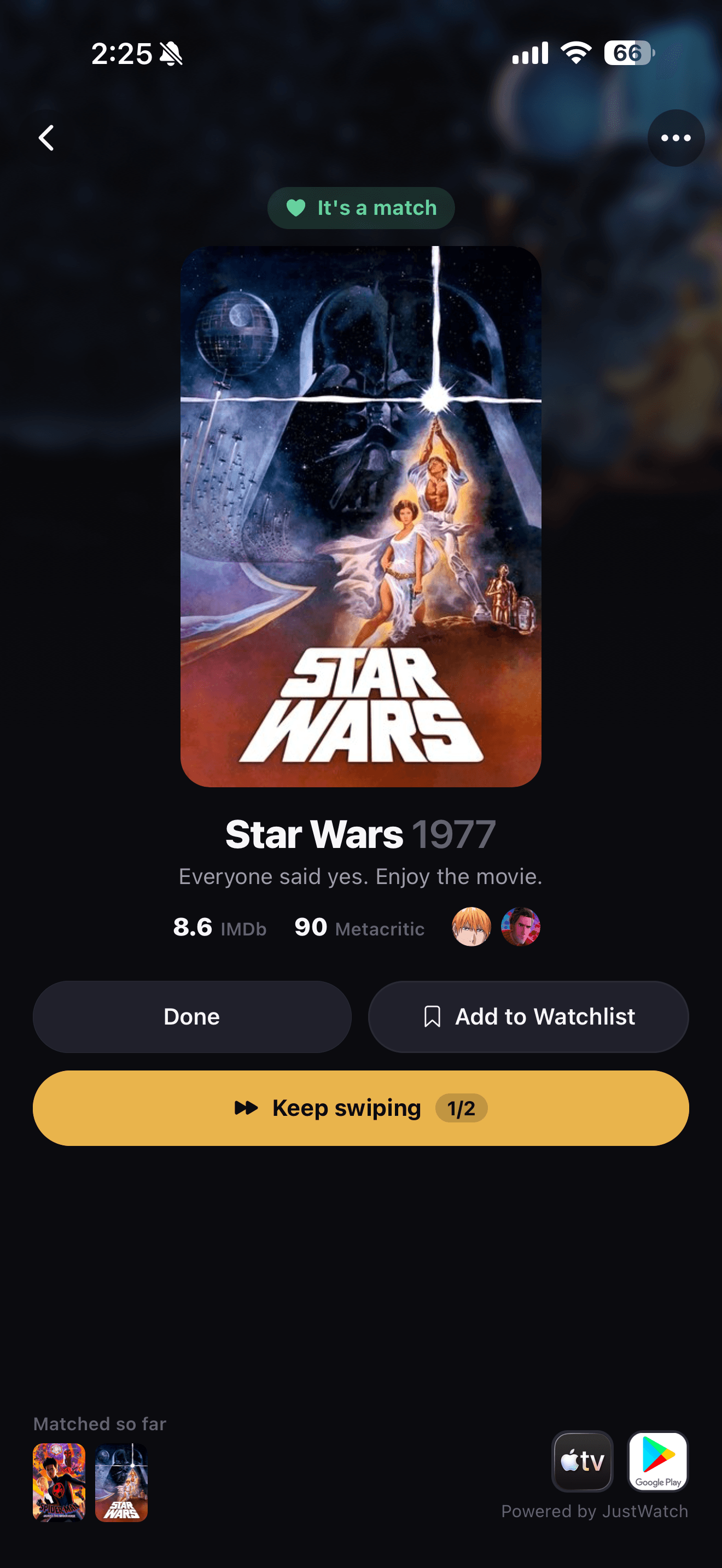 LazyWatch Swipes match screen, everyone said yes, with add to watchlist and watch it together options