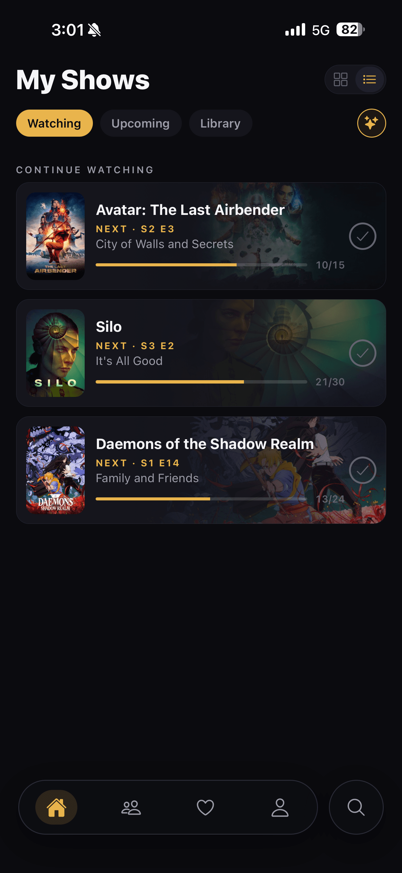 Continue Watching screen with progress bars