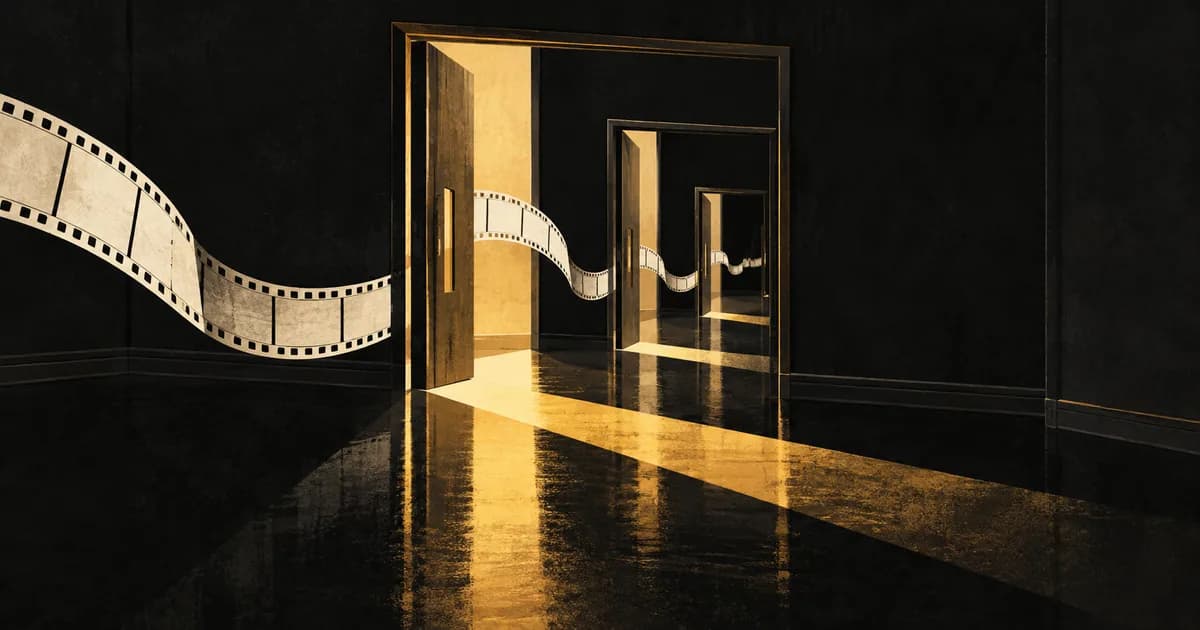 Gold-lit doorways and a cream film ribbon in an empty, dark cinema corridor.