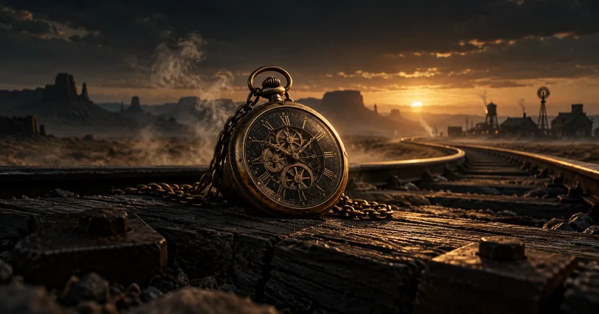 A brass pocket watch beside frontier railway tracks in warm gold evening light.