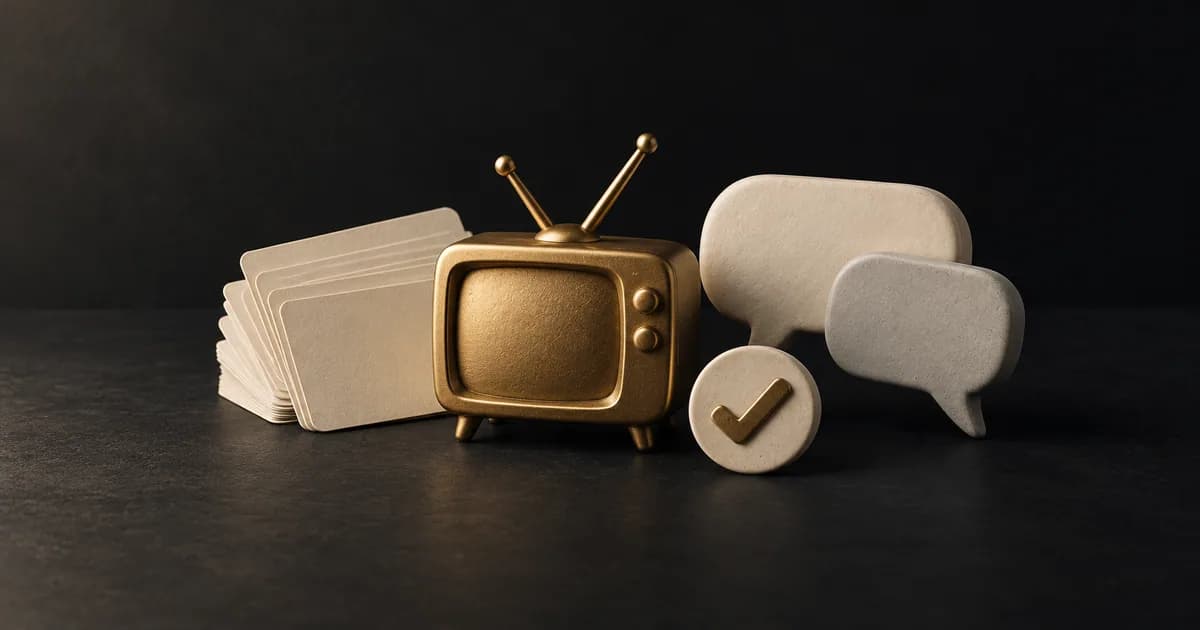 Gold television beside episode cards, a checkmark and cream conversation bubbles on a dark surface.