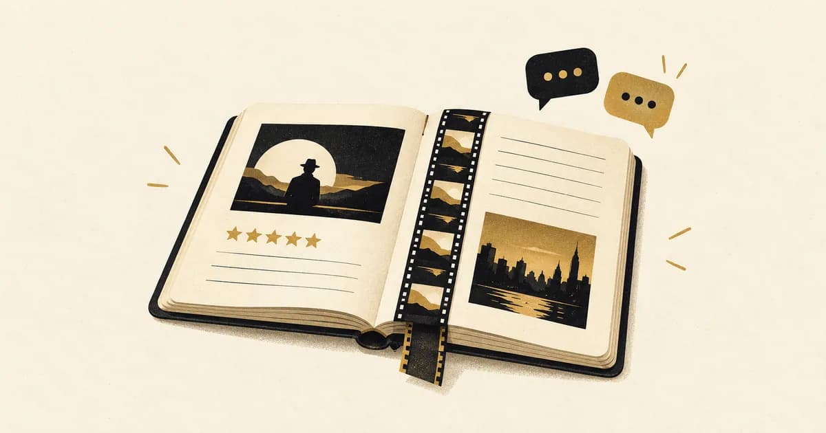 An open cream film diary, film strip bookmark, gold stars, and conversation bubbles.