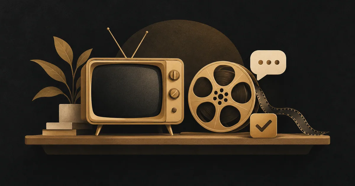 Gold television and film reel beside a conversation bubble and checkmark on a dark shelf.