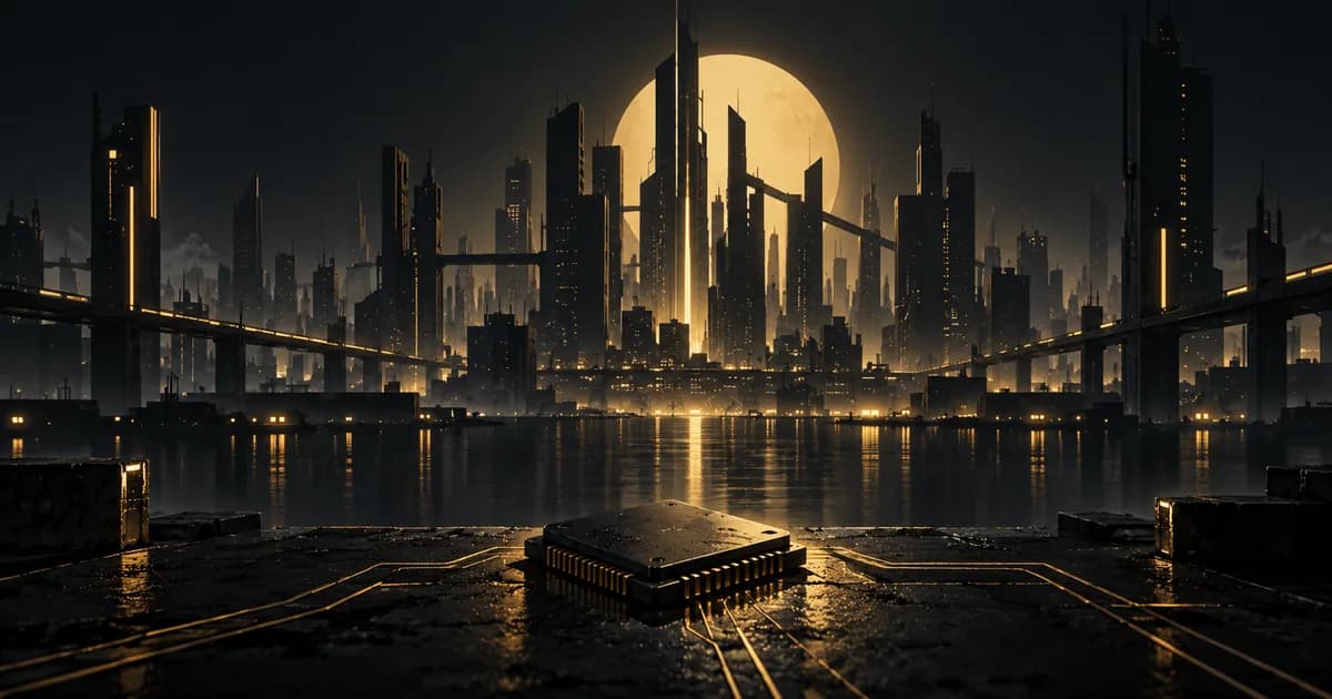 A dark futuristic skyline with gold lights and a data chip in the foreground.