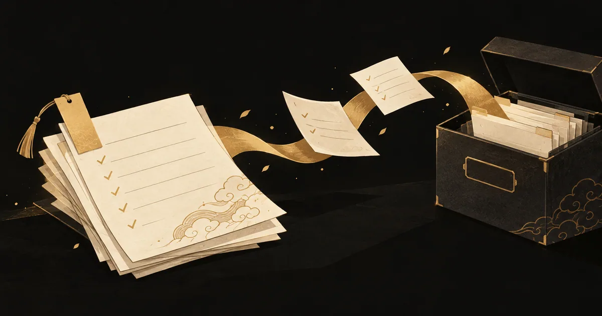 Cream anime viewing records follow a gold ribbon into a dark archive box.