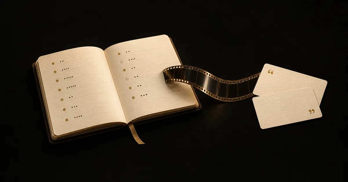An open movie diary connected by a film strip to cream conversation cards.