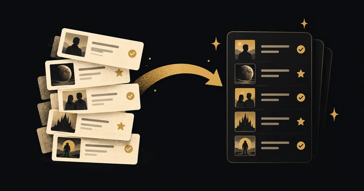 Cream viewing-history cards follow a gold arrow into an organized watchlist.
