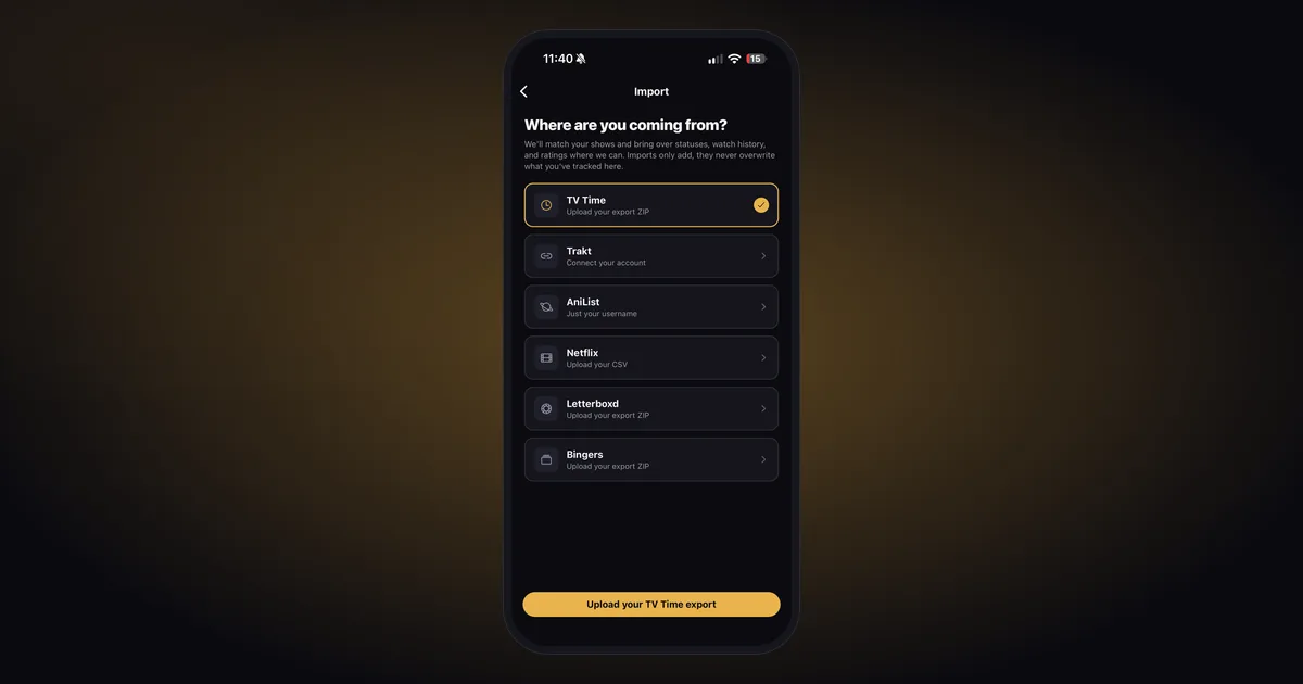 LazyWatch's Import screen on a phone, listing TV Time, Trakt, AniList, Netflix, Letterboxd and Bingers.