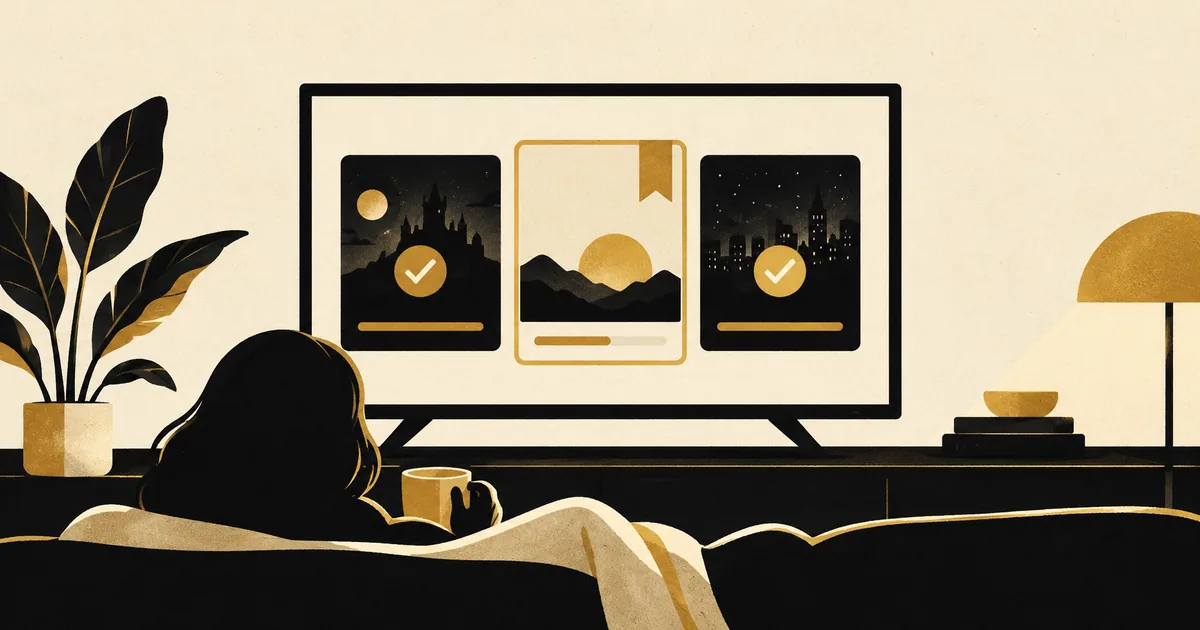A cream television and episode cards with gold check marks and a bookmark indicate viewing progress.