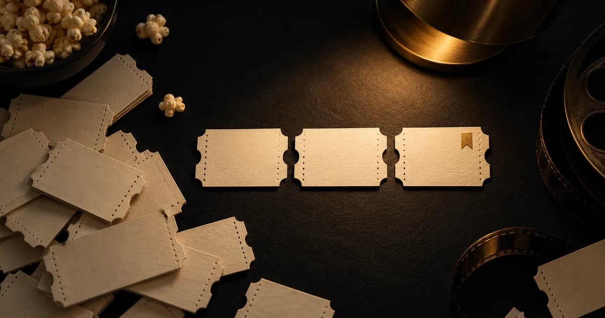 Cream cinema tickets arranged into a small shortlist on a dark surface, with a gold bookmark.