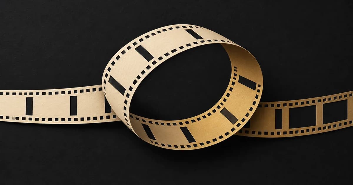 A cream and gold film strip loops back across a dark background.