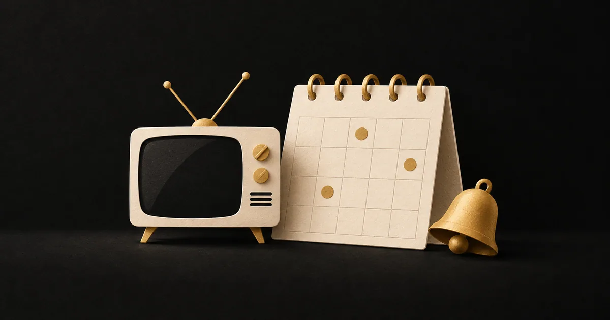 A cream television and calendar with gold date markers beside a gold reminder bell.