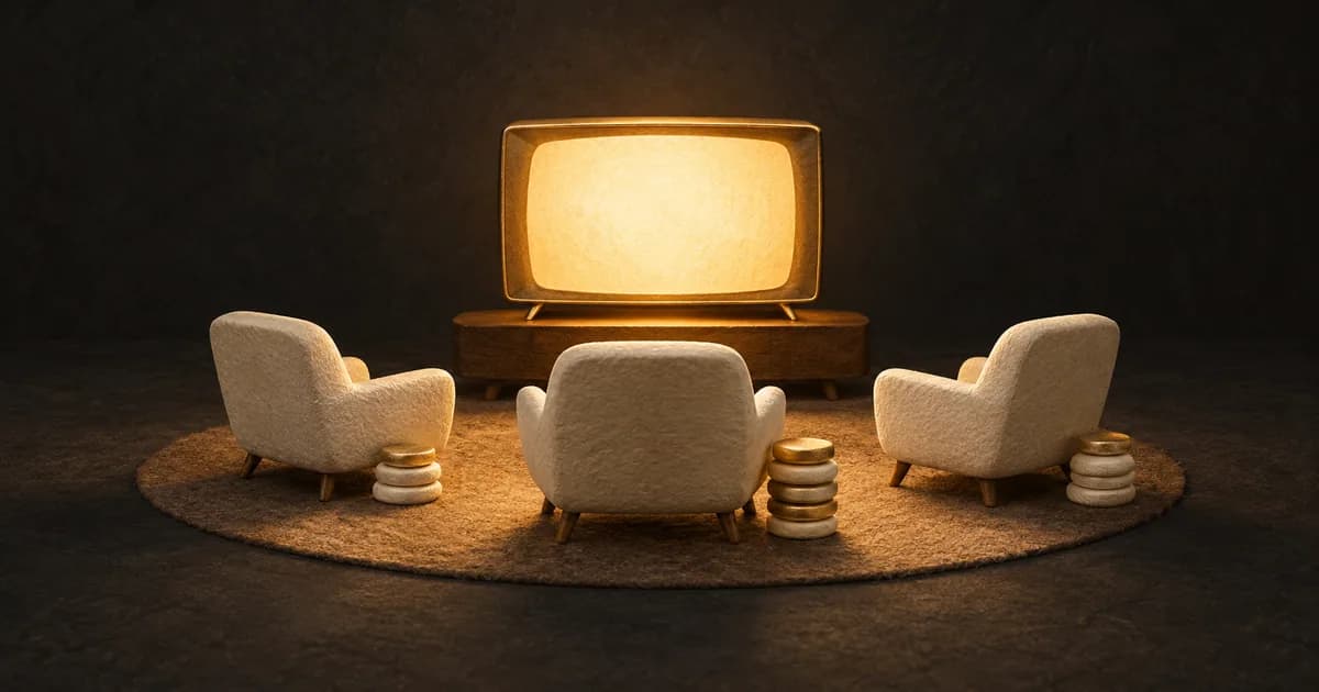 Three cream chairs facing a gold television, with different stacks of episode tokens beside them.