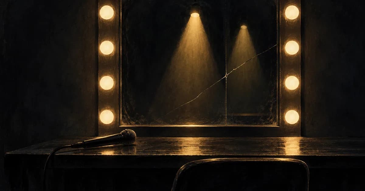 An empty dressing-room mirror with a hairline crack, gold spotlights and a microphone.