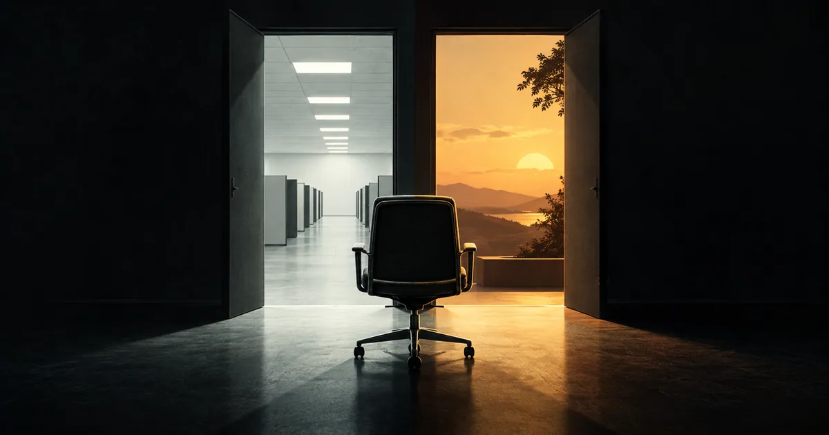 An empty office chair between a sterile corridor and a doorway opening onto warm evening light.