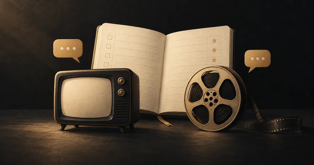 A television, film reel and open viewing diary with gold conversation bubbles.