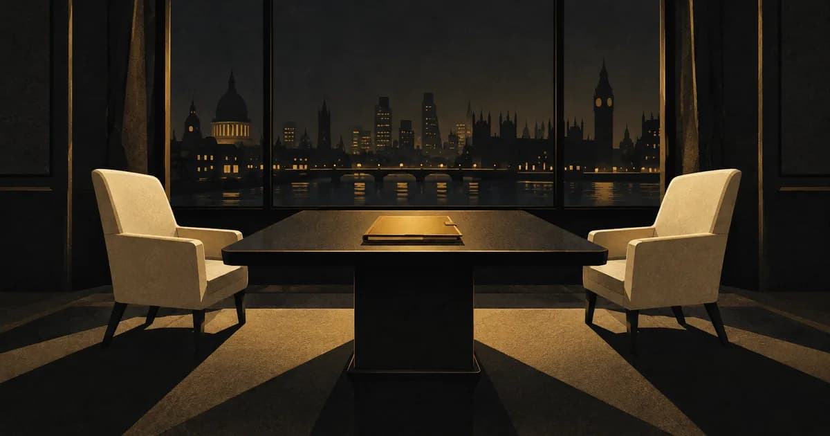 Two empty cream chairs face a dark meeting table with a gold folder, overlooking a city at night.
