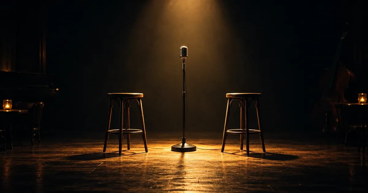 A vintage microphone between two empty stools in warm light on a dark stage.