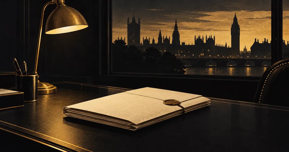 A cream dossier rests under a gold desk lamp with London's Parliament silhouetted through the window.
