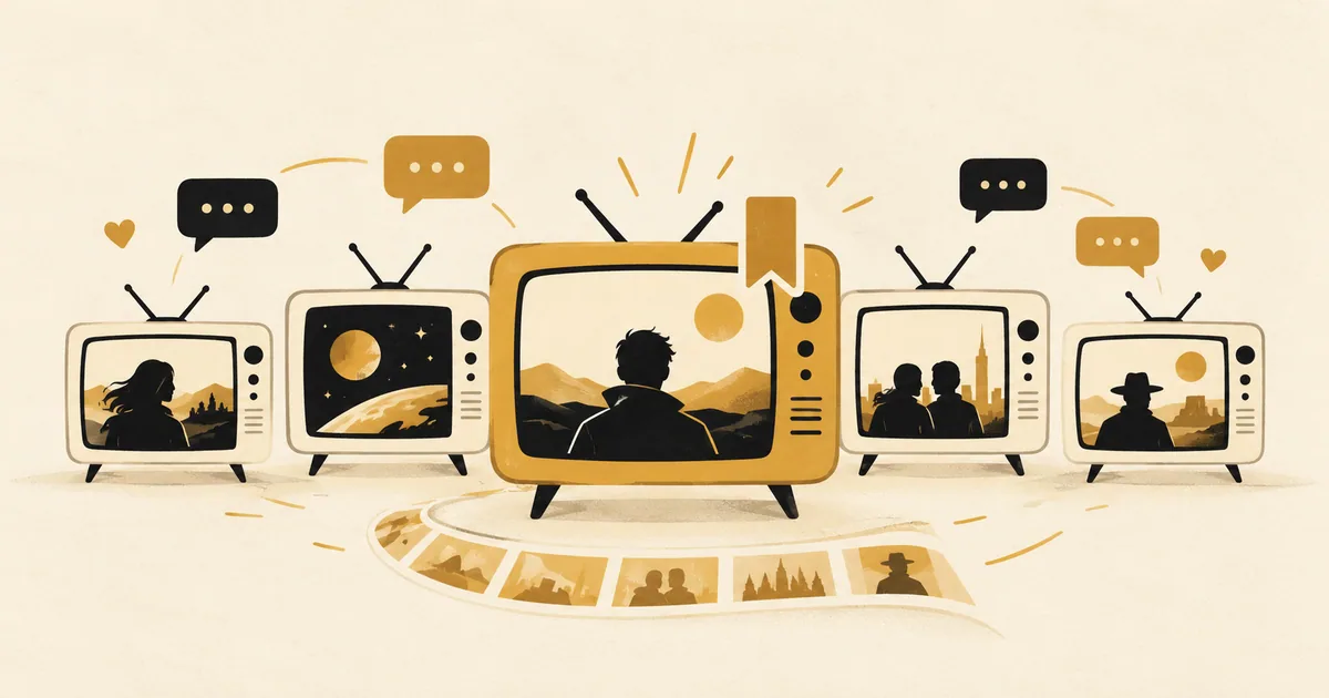 Five television-shaped cards with a gold-highlighted central card, history bookmark, and conversation bubbles.