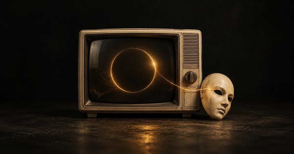 A vintage television and ivory mask connected by a fine golden light against a dark background.