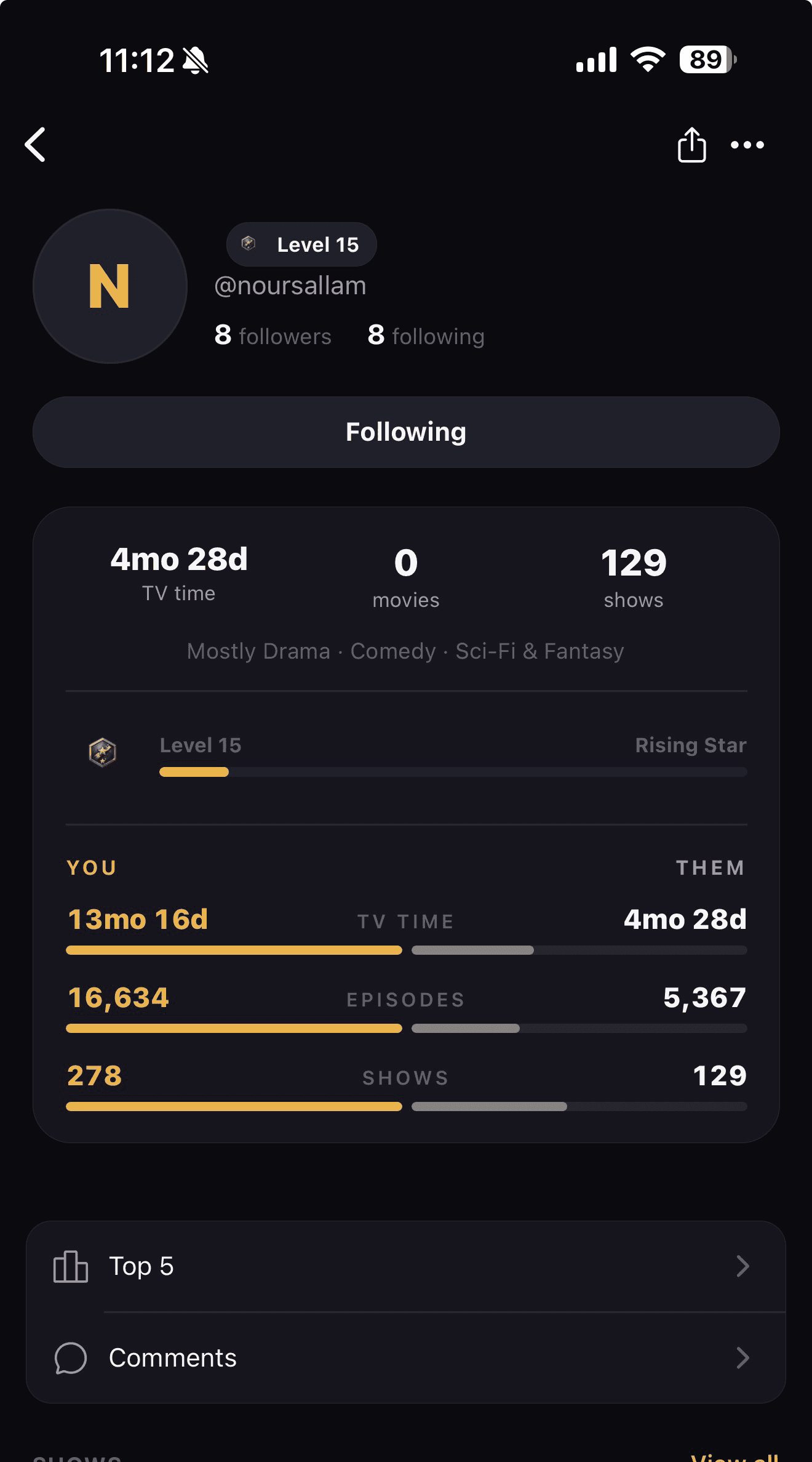 LazyWatch friend profile comparing your TV time, episodes, and shows against theirs with side-by-side bars, and a movie count