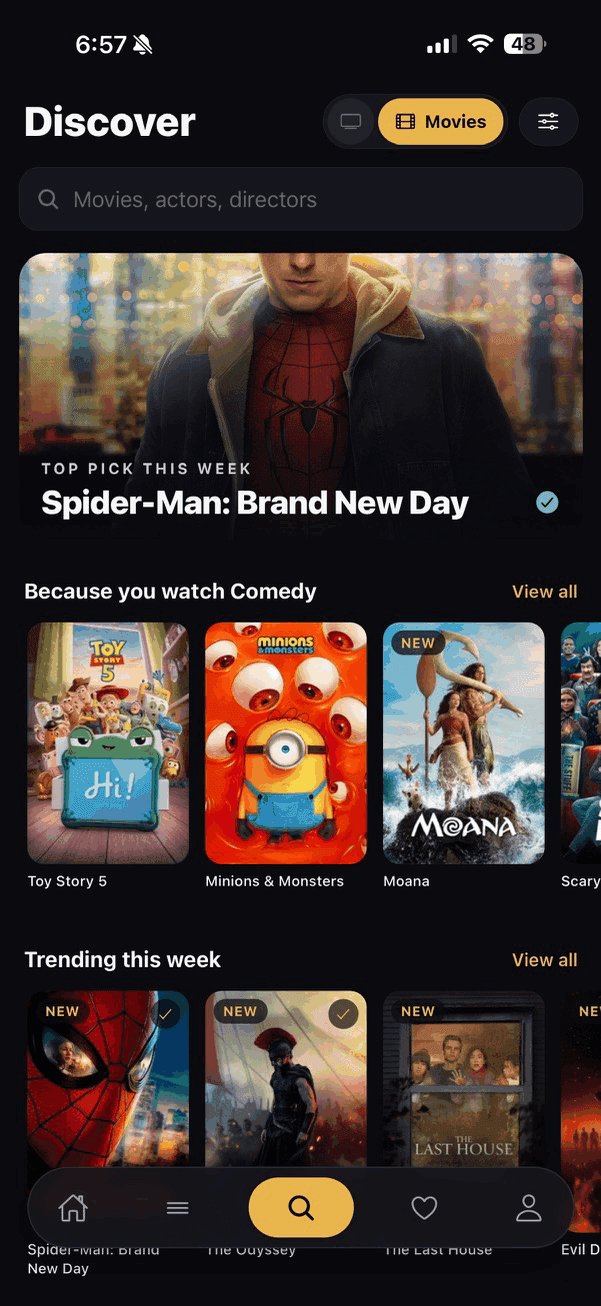LazyWatch Discover screen for movies with a top pick banner, Because you watch Comedy row, and Trending this week row