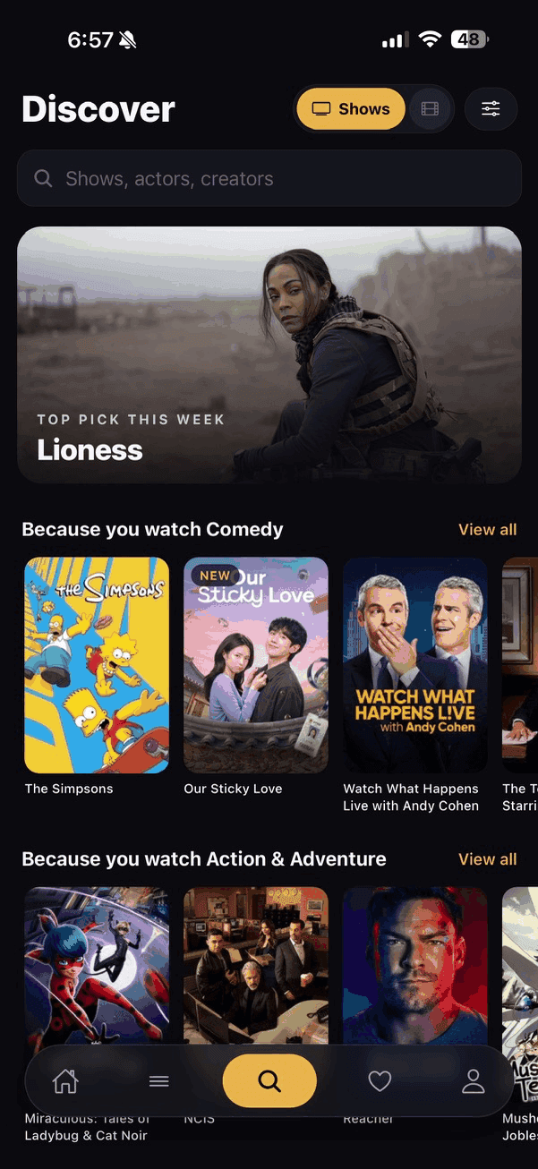 LazyWatch Discover screen for shows with a top pick banner and Because you watch Comedy and Action & Adventure rows