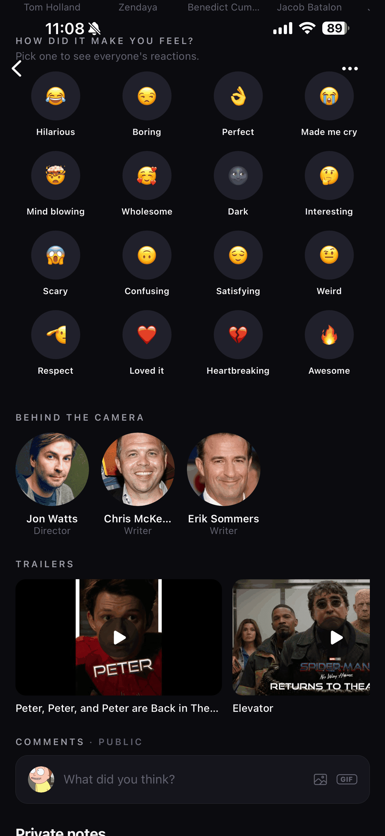 Reaction voting, behind the camera credits, trailers, and comments on a movie detail page