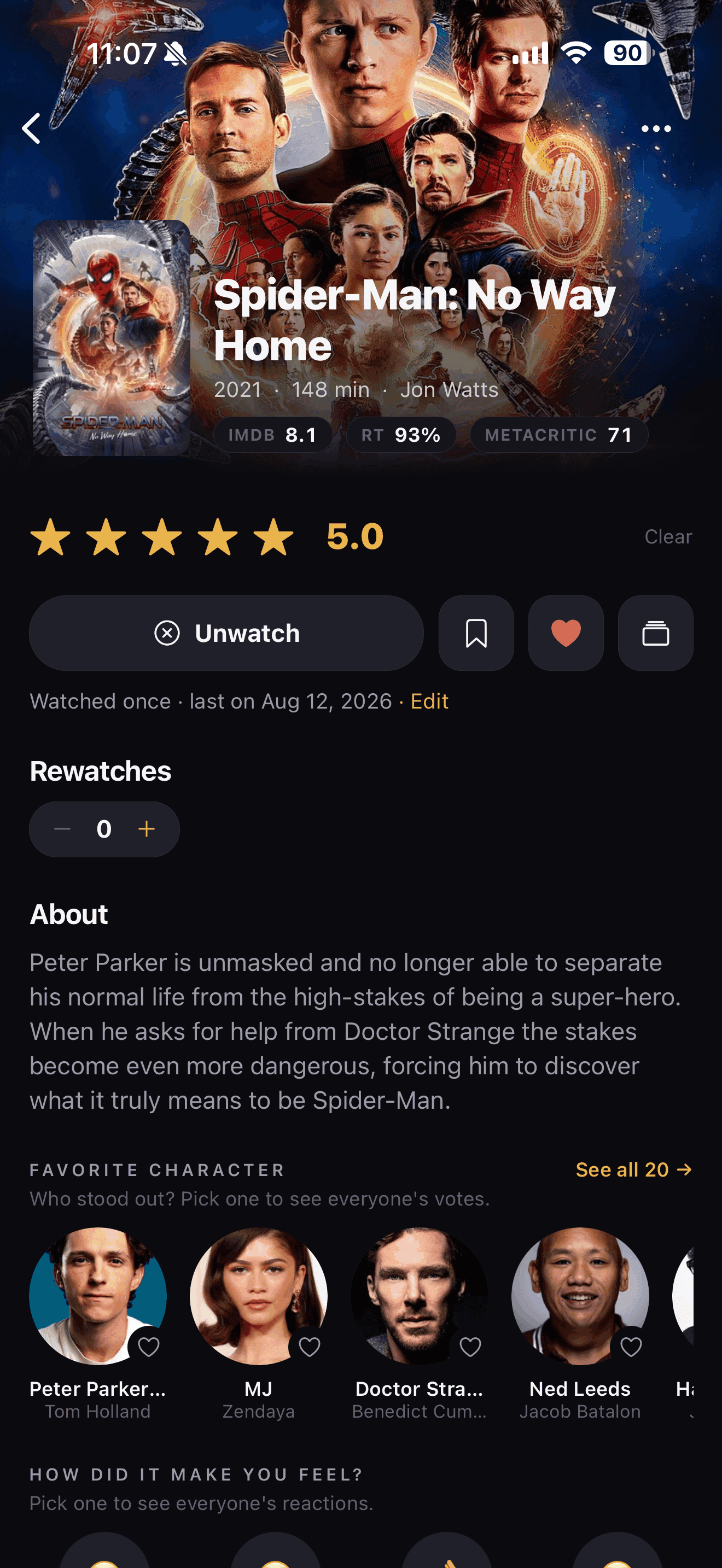 Spider-Man: No Way Home movie detail page with IMDB, Rotten Tomatoes, and Metacritic scores, a five star rating, and favorite character voting