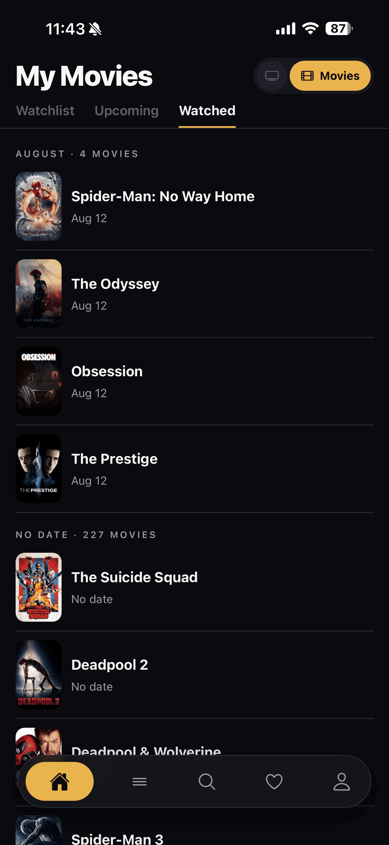 My Movies Watched tab grouped by date, with August and No date sections listing watched movies