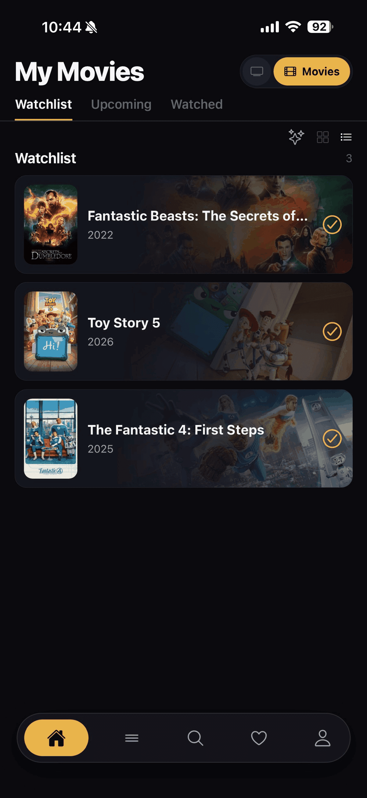 My Movies watchlist with Fantastic Beasts, Toy Story 5, and The Fantastic 4 listed with checkmarks