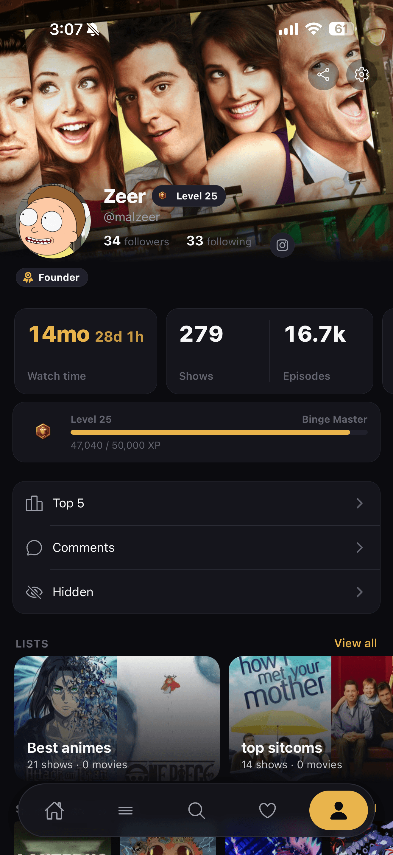 LazyWatch profile screen with a custom banner, avatar, level badge and XP bar, and rows for lists, shows, and favorites