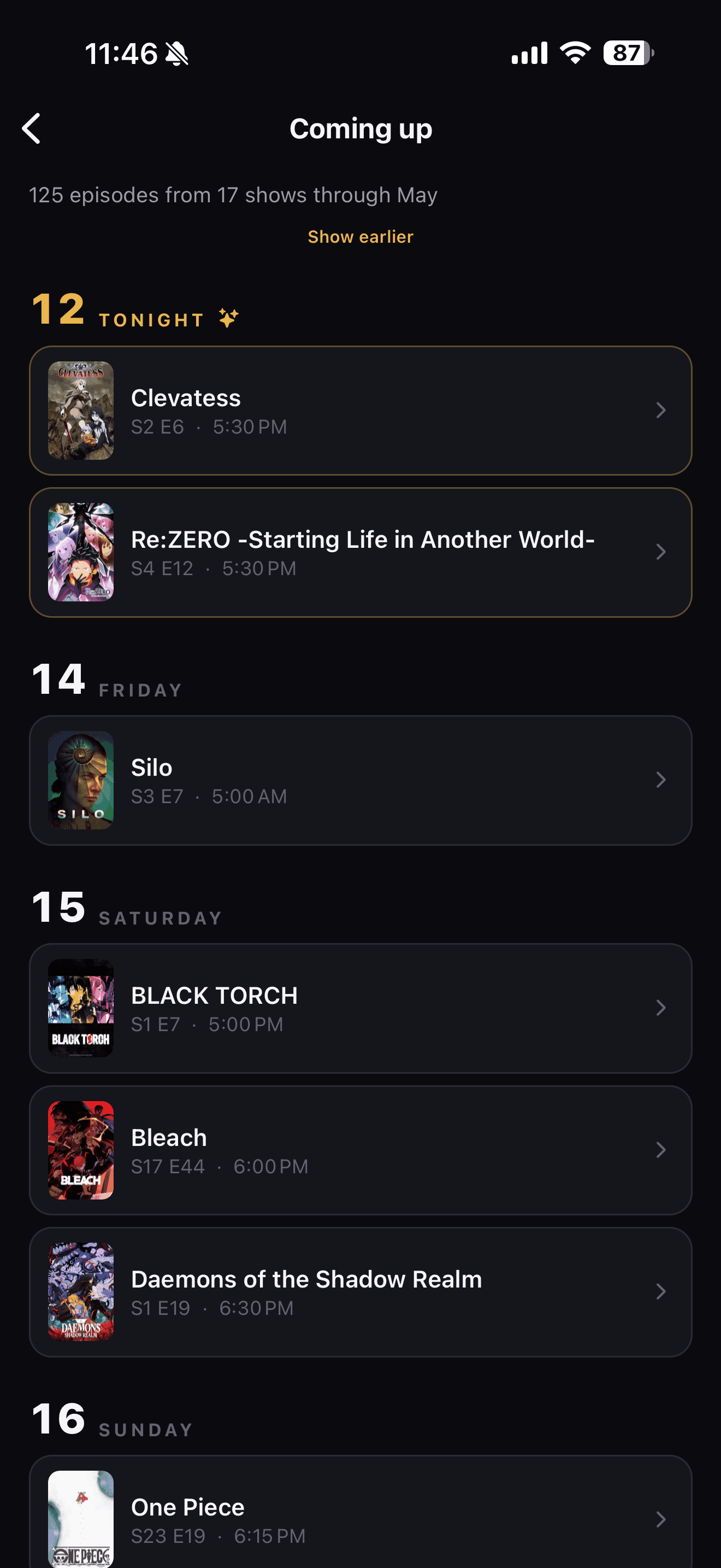 Coming up screen with episodes grouped day by day, starting with a Tonight section