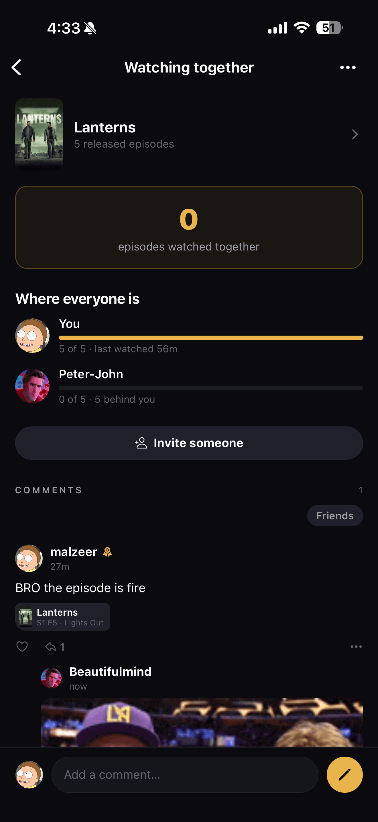 LazyWatch Watch Together screen showing episodes watched together and where each member stands, with a group chat below