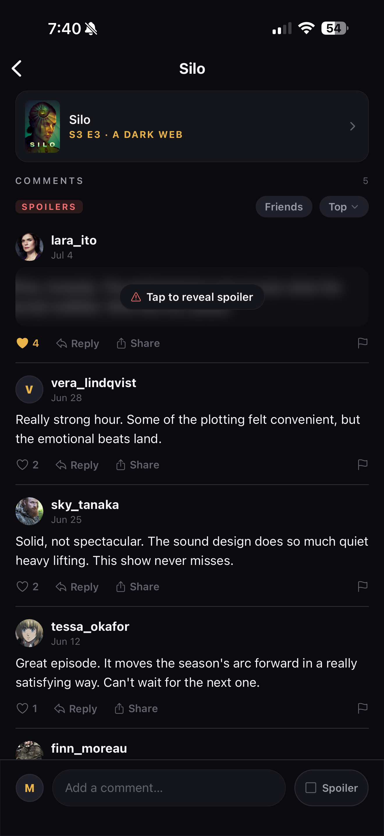LazyWatch episode discussion screen with comments, replies, and spoiler controls